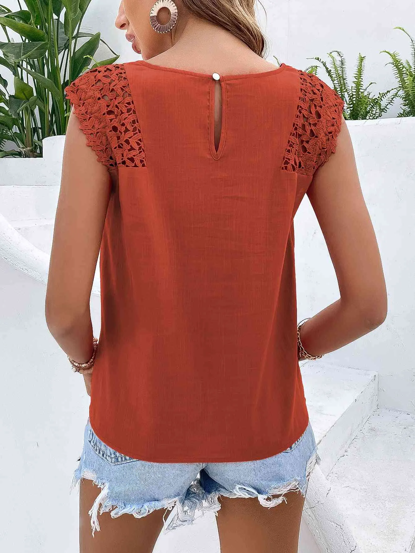 TEEK - Brick Red Lace Cap Sleeve Top