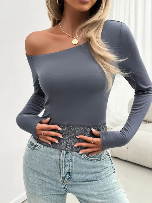 TEEK - Lace Bottom Slim Fit Long Sleeve Top