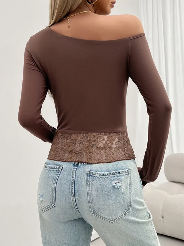 TEEK - Lace Bottom Slim Fit Long Sleeve Top