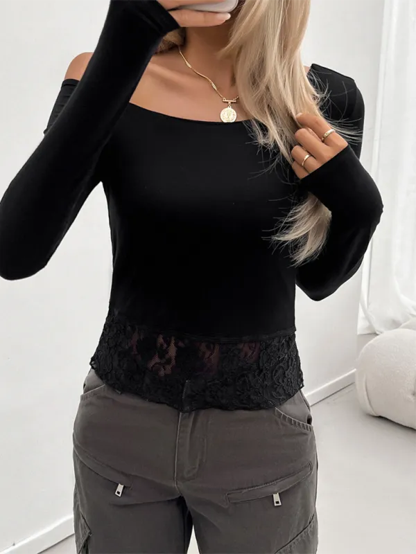 TEEK - Lace Bottom Slim Fit Long Sleeve Top