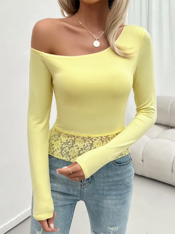 TEEK - Lace Bottom Slim Fit Long Sleeve Top