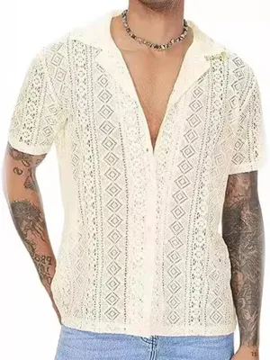 TEEK - Mens Lace Floral Buttoned Short-Sleeved Shirt