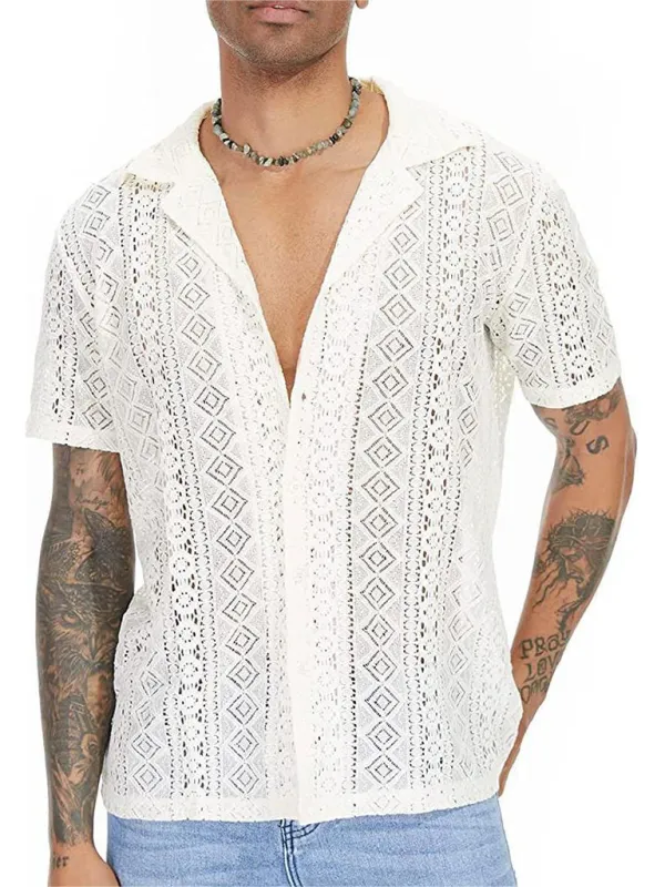 TEEK - Mens Lace Floral Buttoned Short-Sleeved Shirt