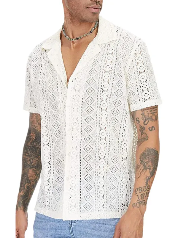 TEEK - Mens Lace Floral Buttoned Short-Sleeved Shirt