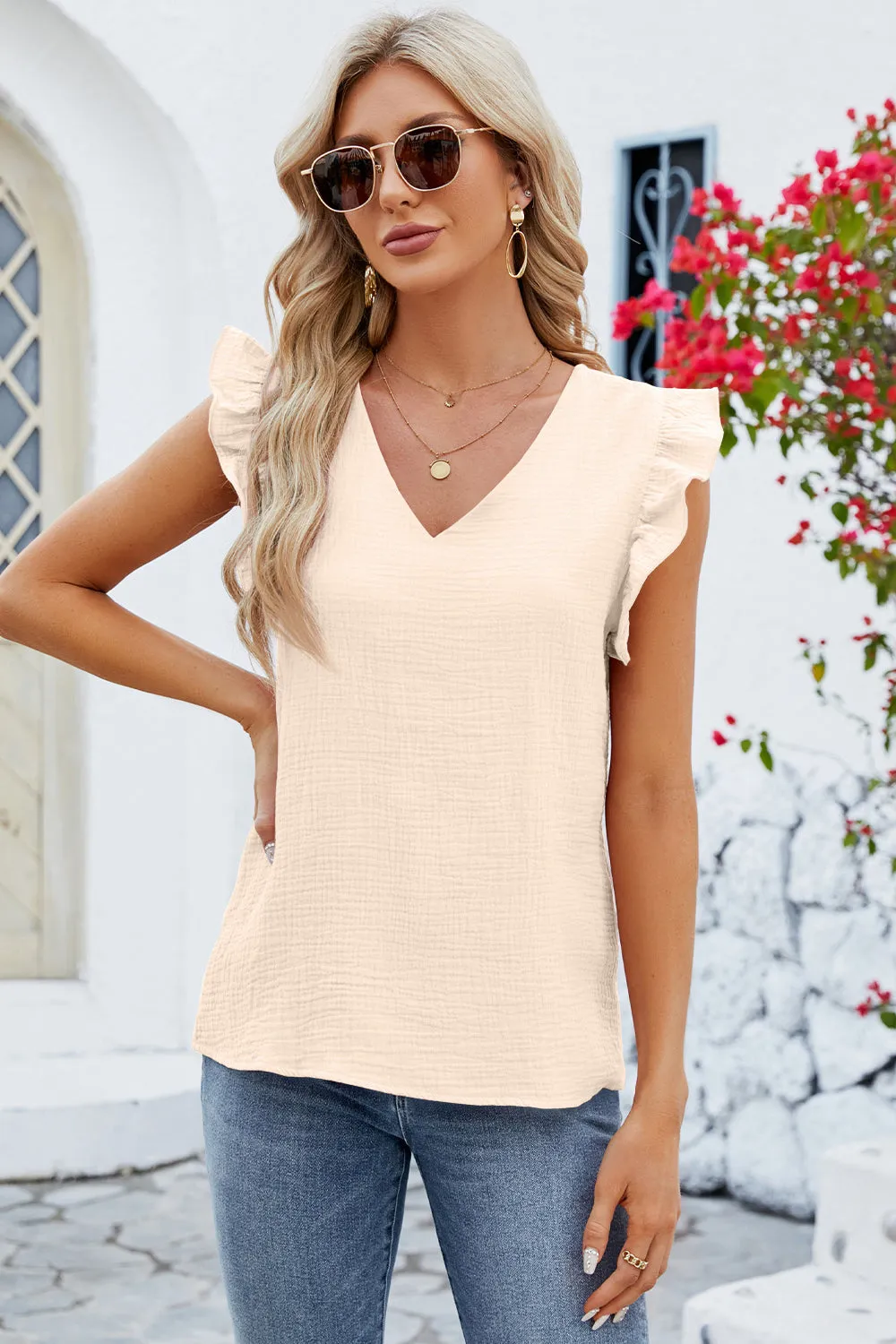 TEEK - Ruffled V-Neck Cap Sleeve Blouse