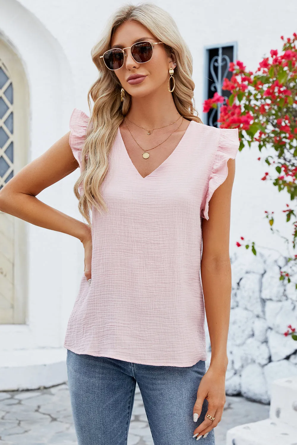 TEEK - Ruffled V-Neck Cap Sleeve Blouse