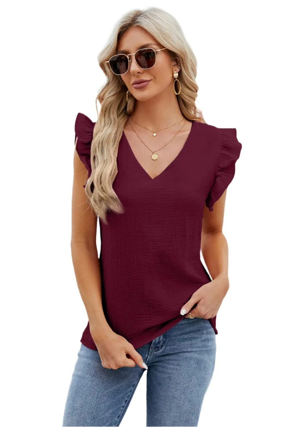 TEEK - Ruffled V-Neck Cap Sleeve Blouse