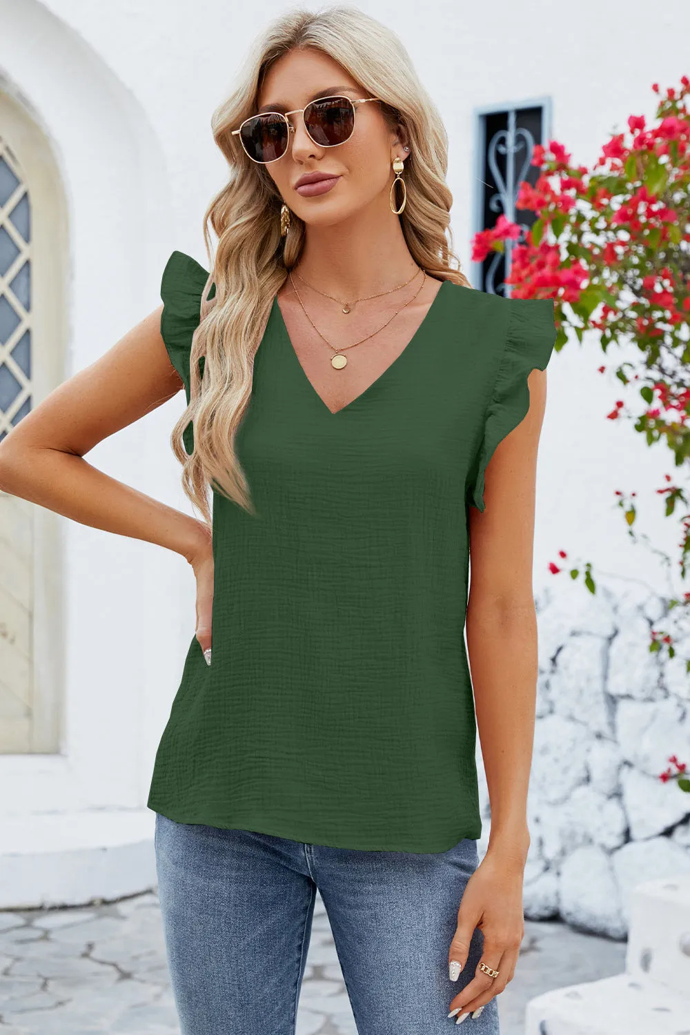 TEEK - Ruffled V-Neck Cap Sleeve Blouse