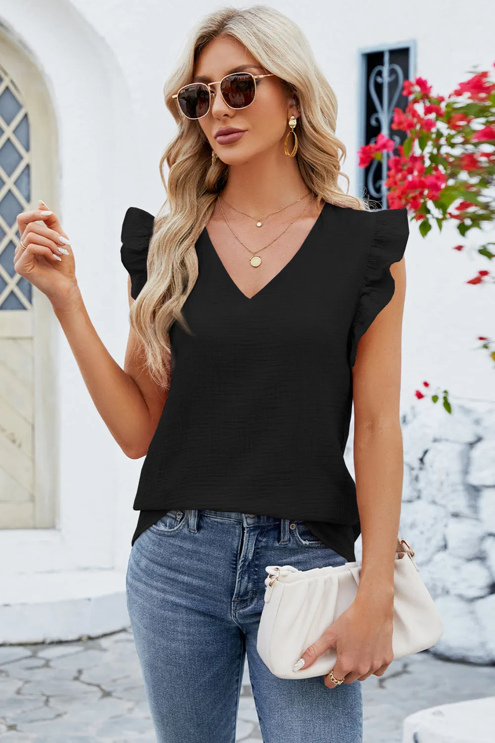 TEEK - Ruffled V-Neck Cap Sleeve Blouse