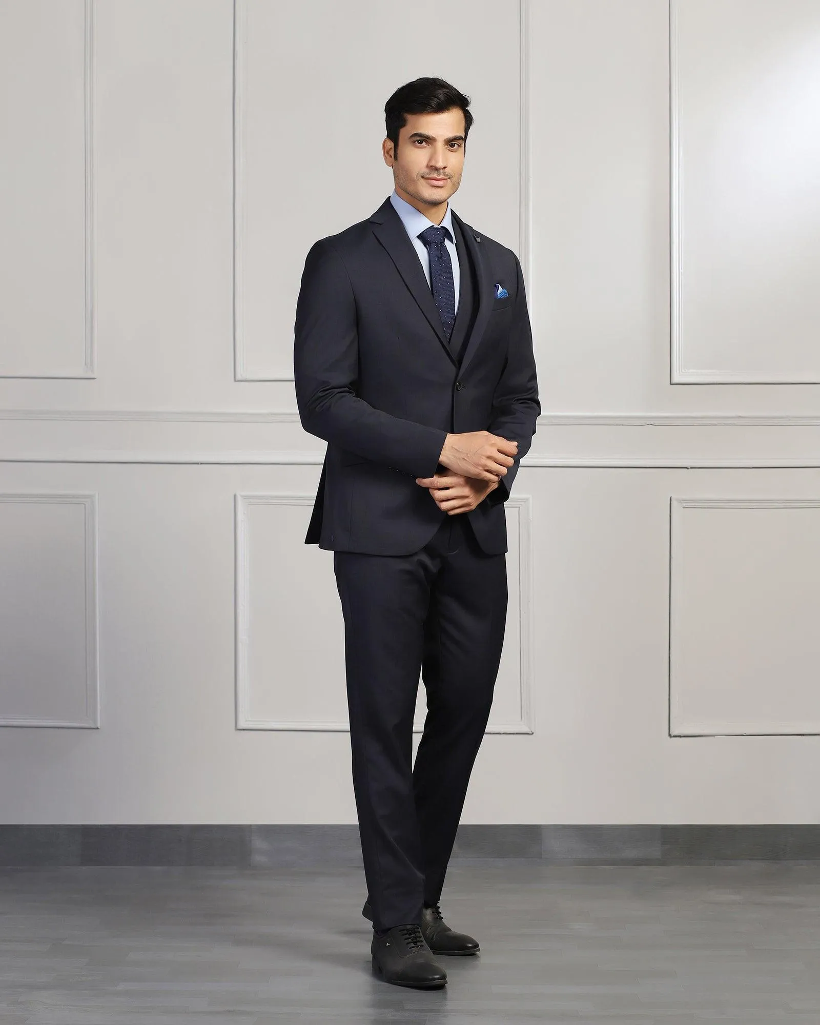 Three Piece Navy Solid Formal Suit - Beryl