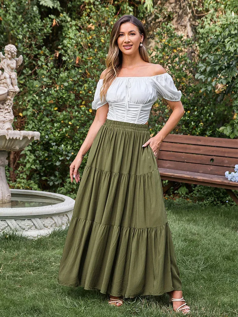 Tiered Elastic High Waist Swing Skirt with Pocket