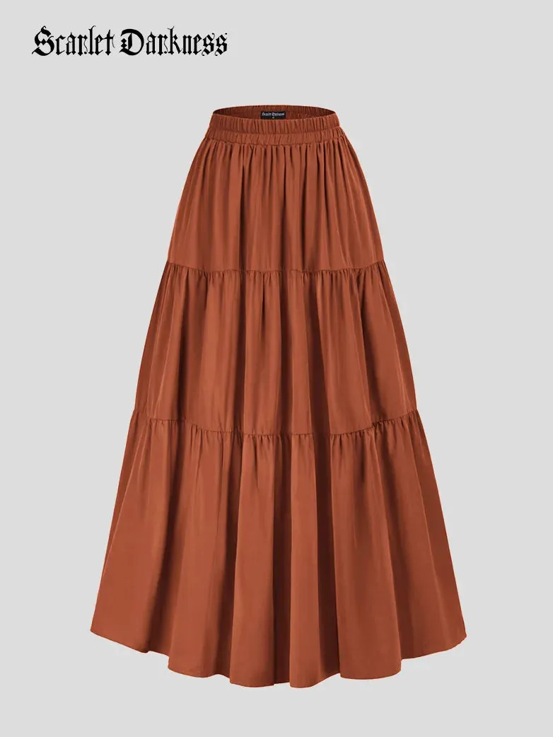 Tiered Elastic High Waist Swing Skirt with Pocket