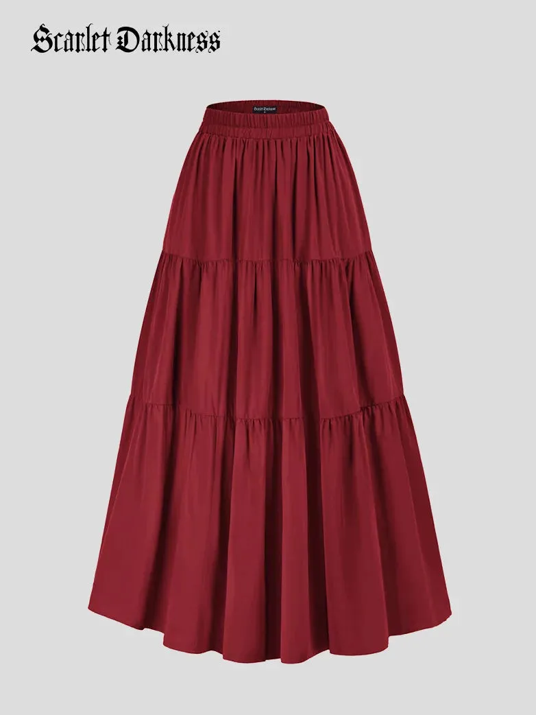 Tiered Elastic High Waist Swing Skirt with Pocket