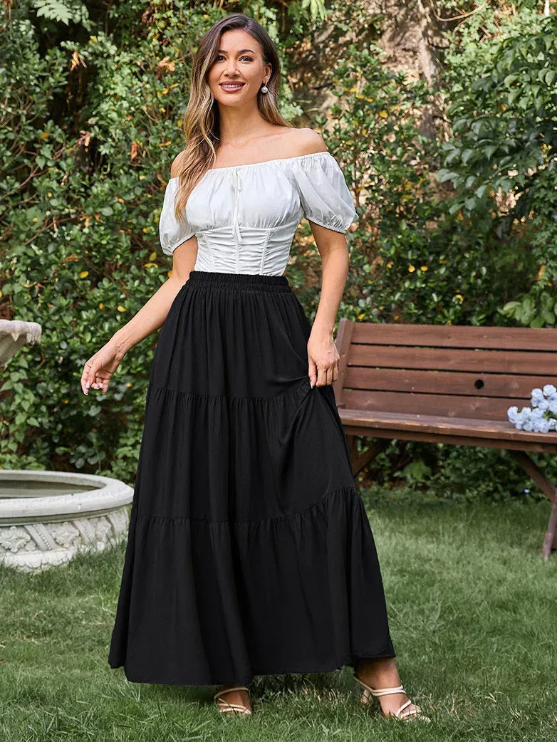 Tiered Elastic High Waist Swing Skirt with Pocket