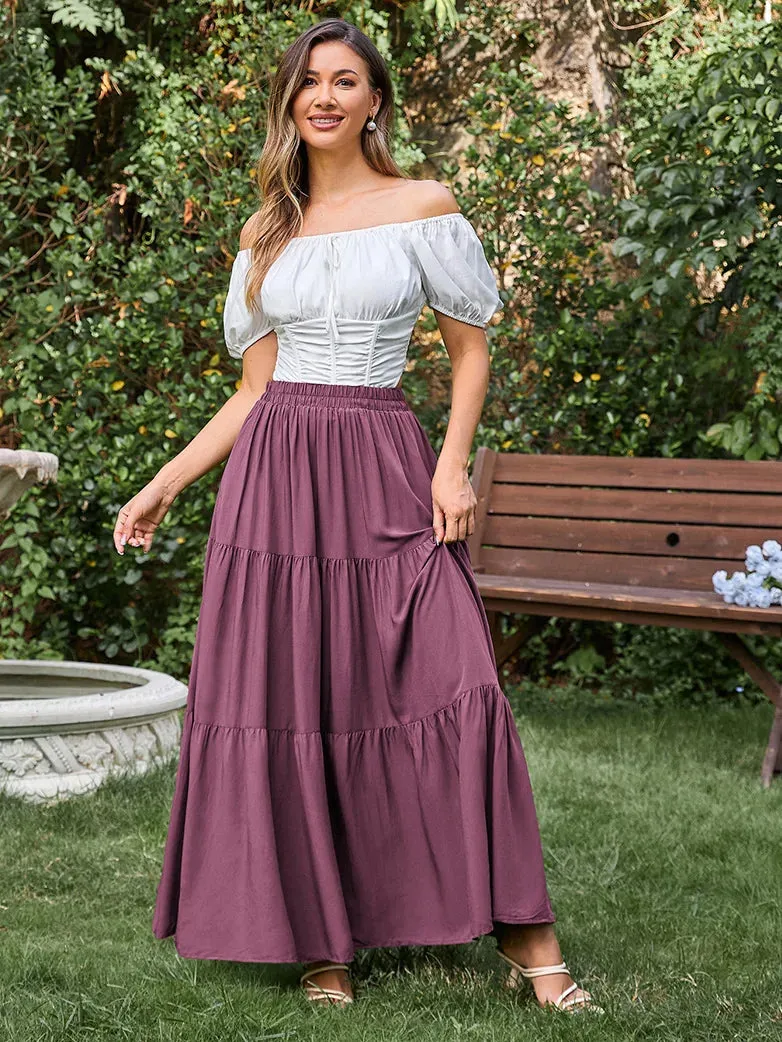 Tiered Elastic High Waist Swing Skirt with Pocket