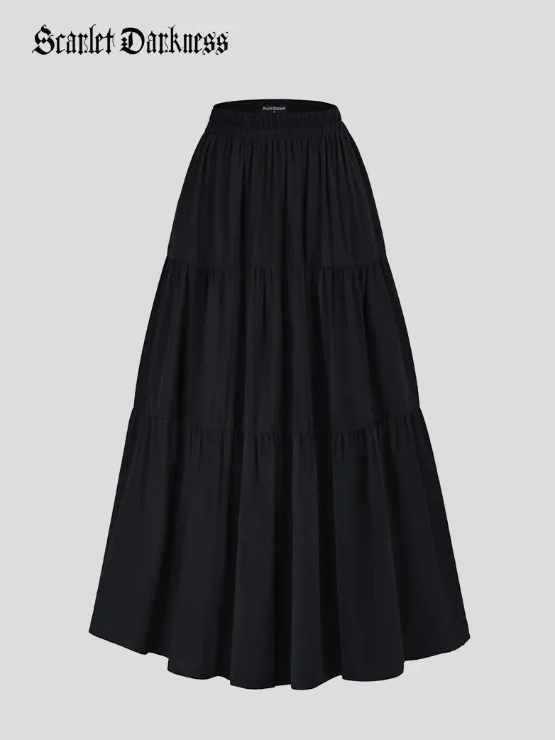 Tiered Elastic High Waist Swing Skirt with Pocket