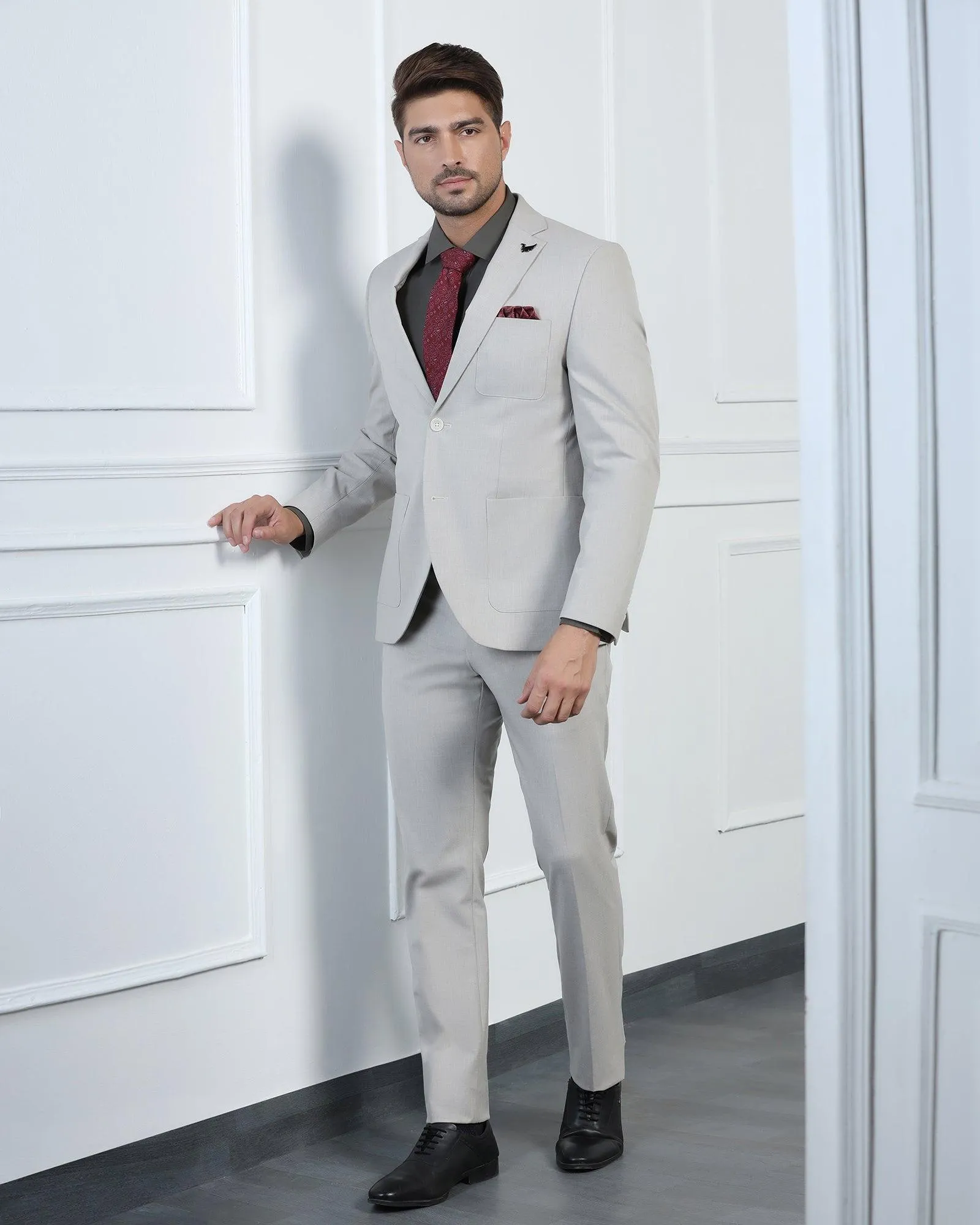 Two Piece Beige Solid Formal Suit - Connor