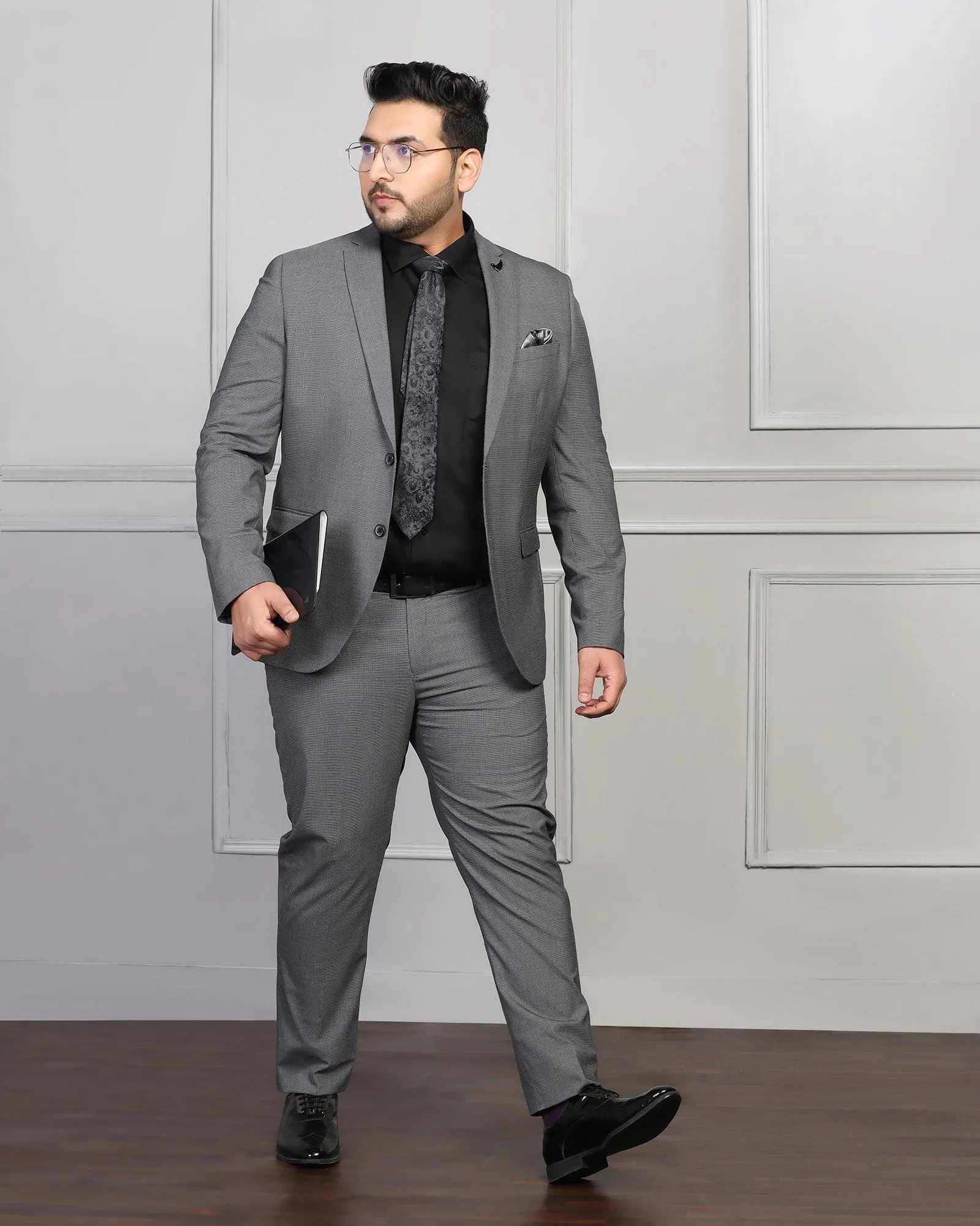 Two Piece Dark Grey Textured Formal Suit - Waves