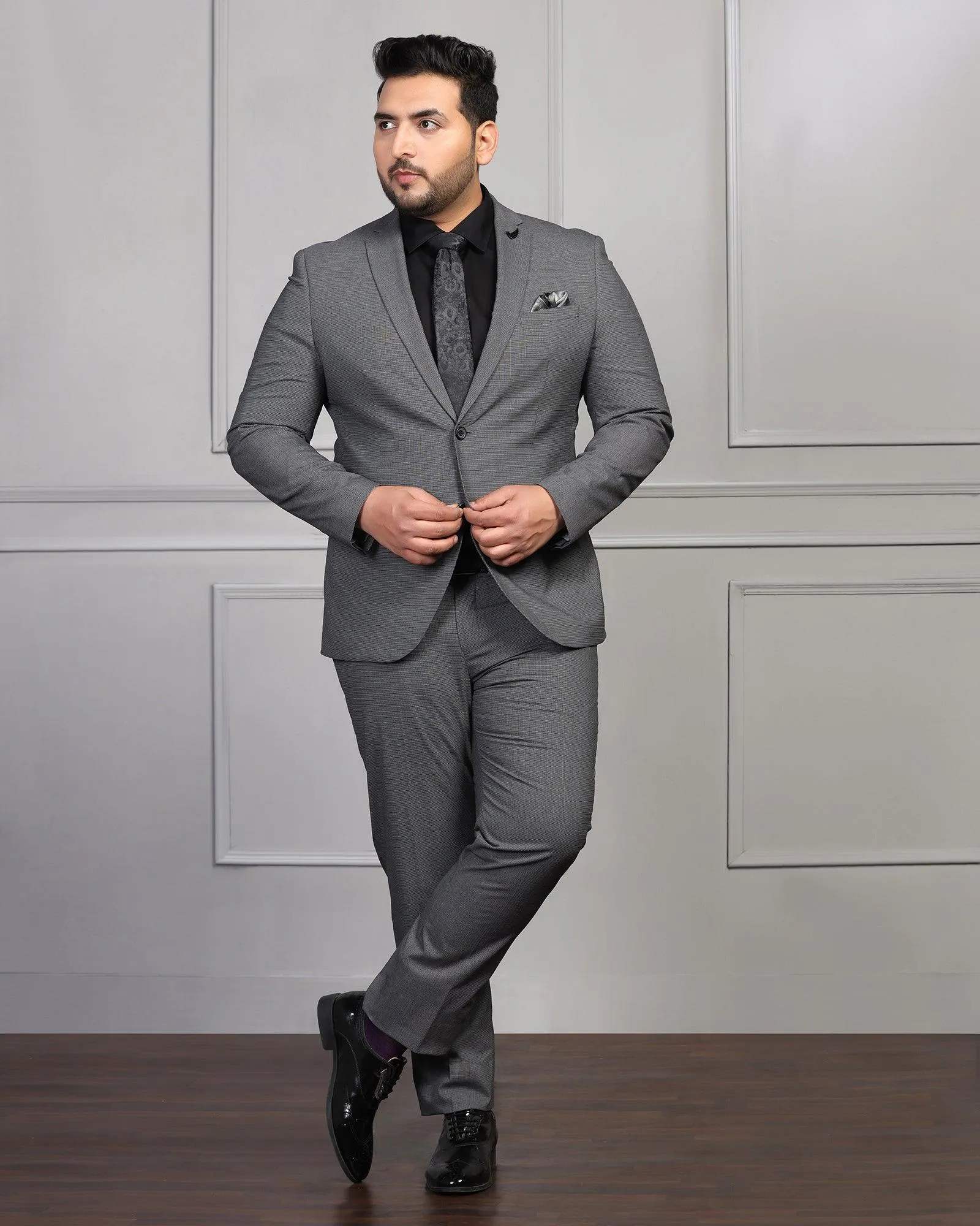 Two Piece Dark Grey Textured Formal Suit - Waves