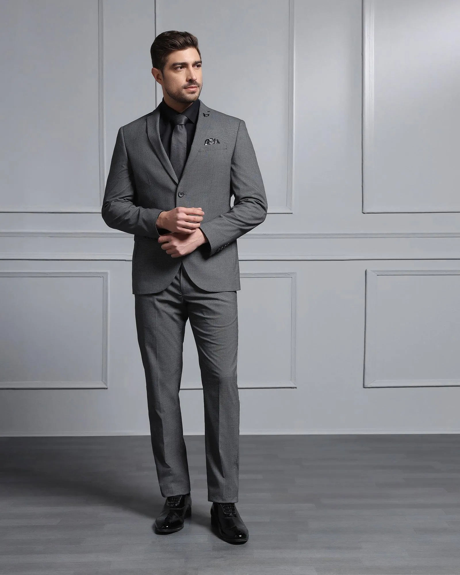 Two Piece Dark Grey Textured Formal Suit - Waves