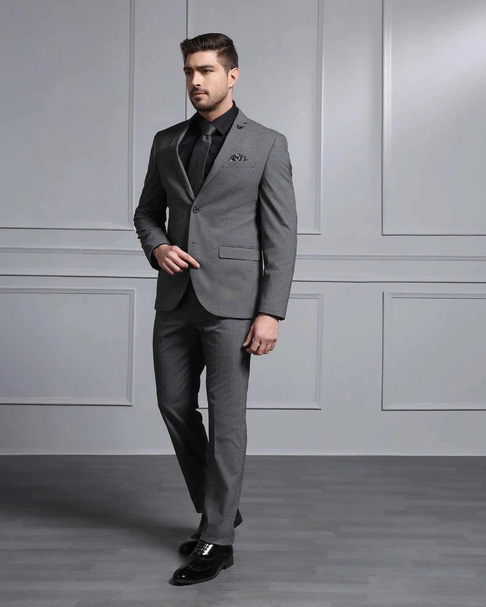 Two Piece Dark Grey Textured Formal Suit - Waves