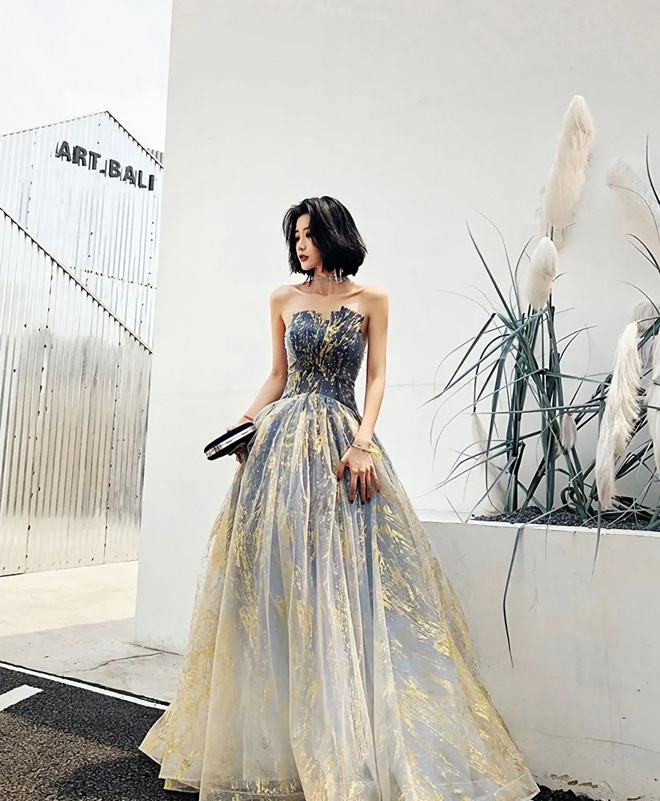 Unique Tulle Lace Long Prom Dress Tulle Evening Dress