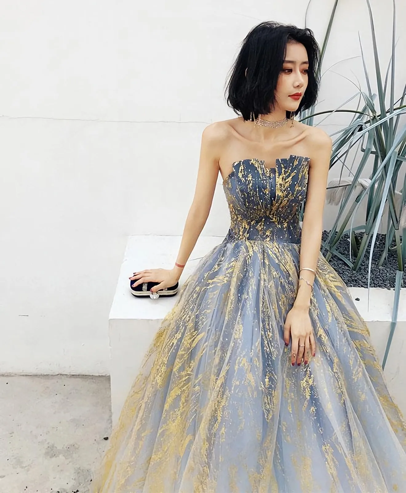 Unique Tulle Lace Long Prom Dress Tulle Evening Dress