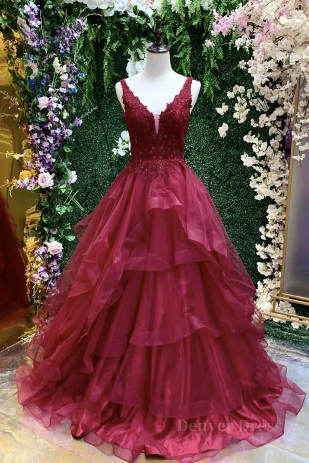 V Neck Open Back Burgundy Lace Long Prom Dress Burgundy Lace Formal Evening Dress Burgundy Ball Gown