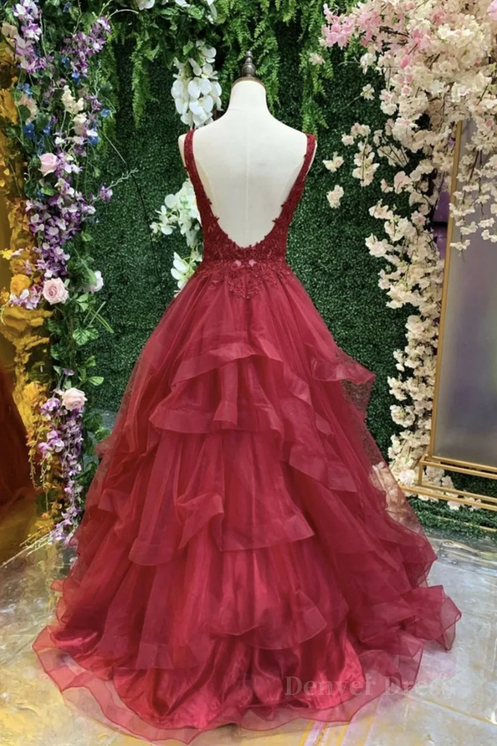 V Neck Open Back Burgundy Lace Long Prom Dress Burgundy Lace Formal Evening Dress Burgundy Ball Gown