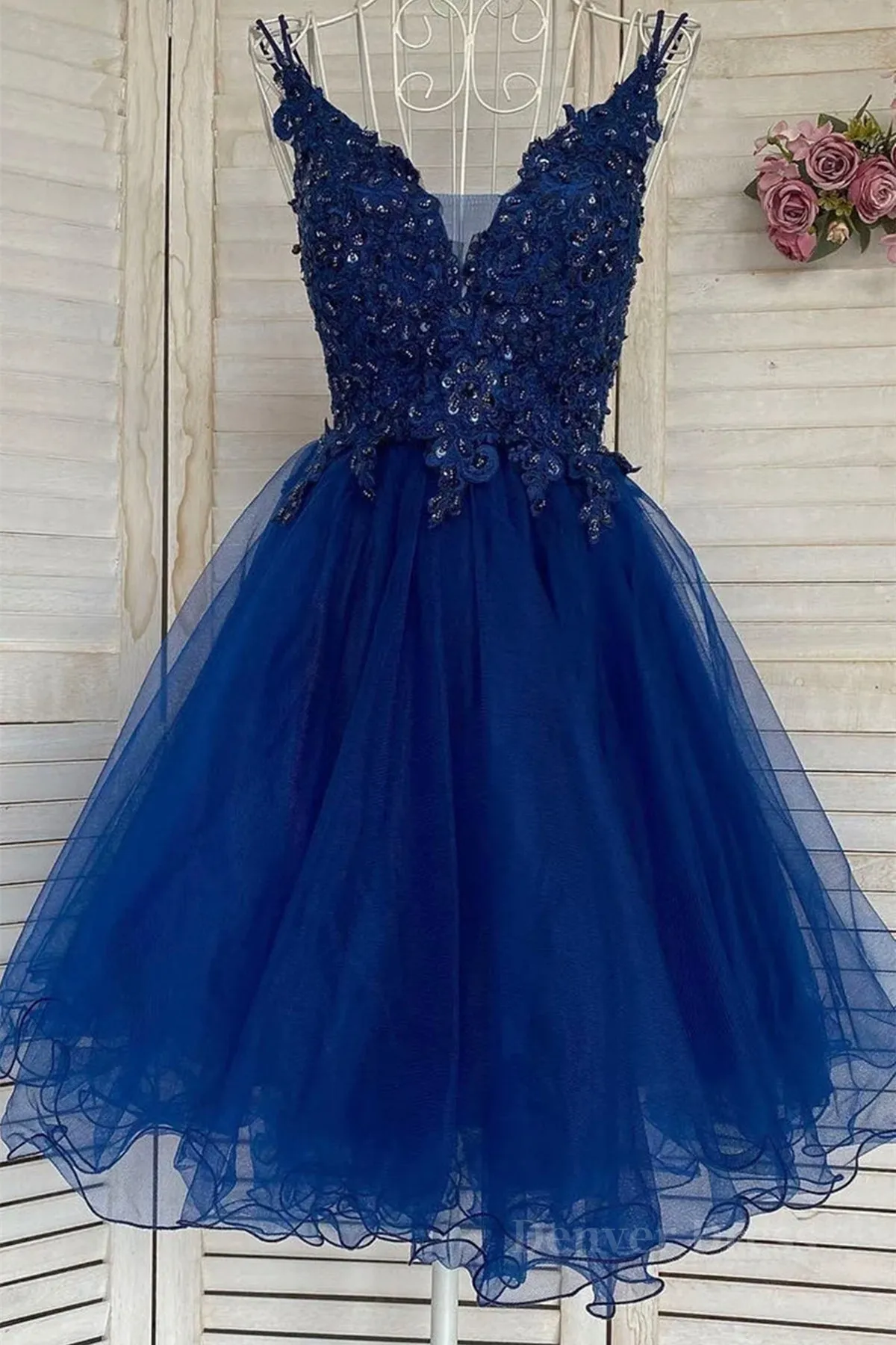 V Neck Short Blue Lace Prom Dress Blue Lace Homecoming Dress Short Blue Formal Graduation Evening Dress