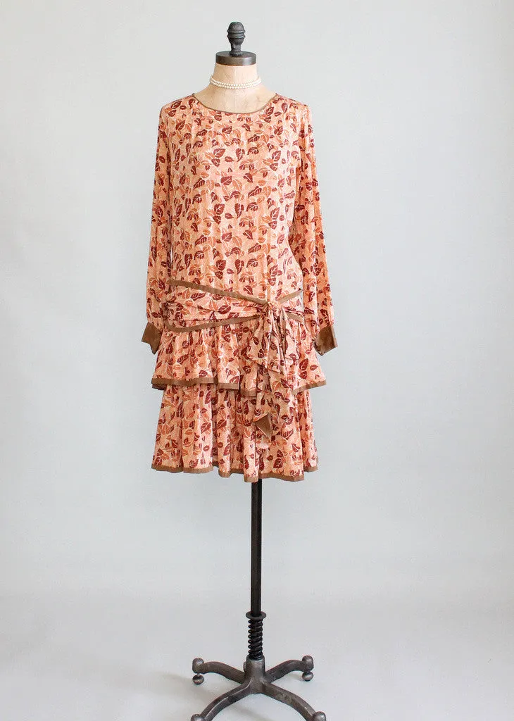 Vintage 1920s Falling Leaves Silk Flapper Dress