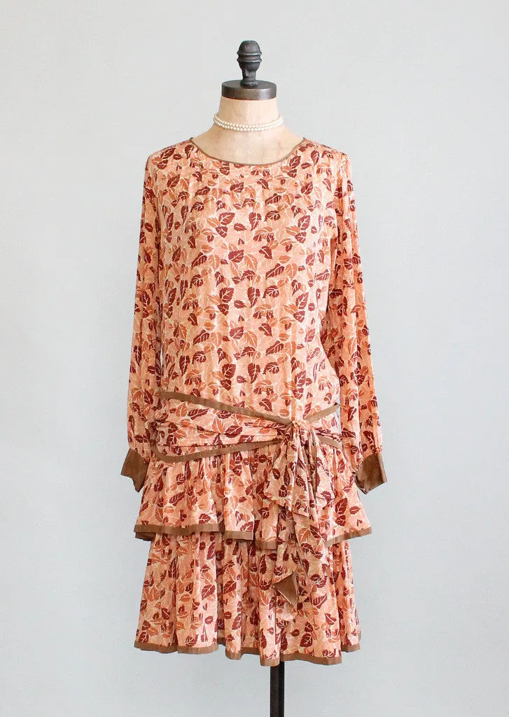 Vintage 1920s Falling Leaves Silk Flapper Dress