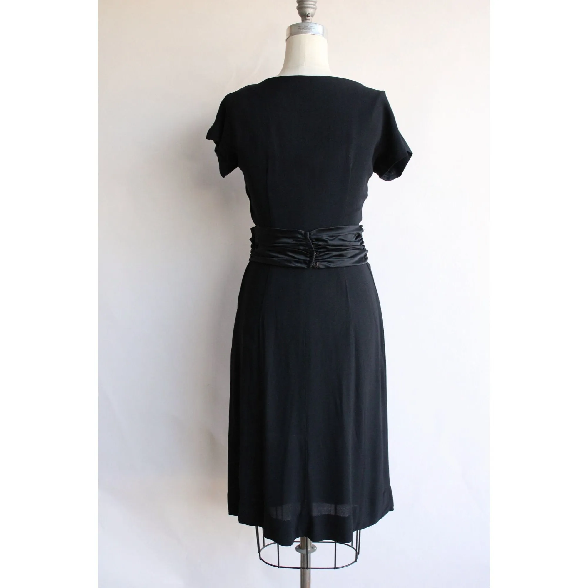 Vintage 1950s  Black Rayon Dress With Cummerbund Belt and Sweetheart Neckline