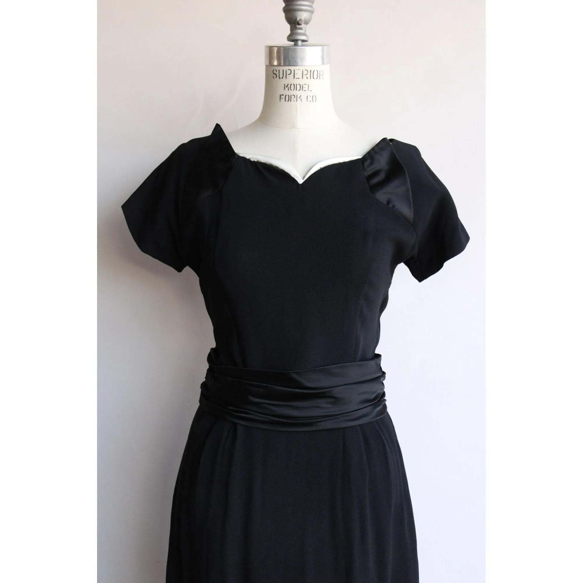 Vintage 1950s  Black Rayon Dress With Cummerbund Belt and Sweetheart Neckline