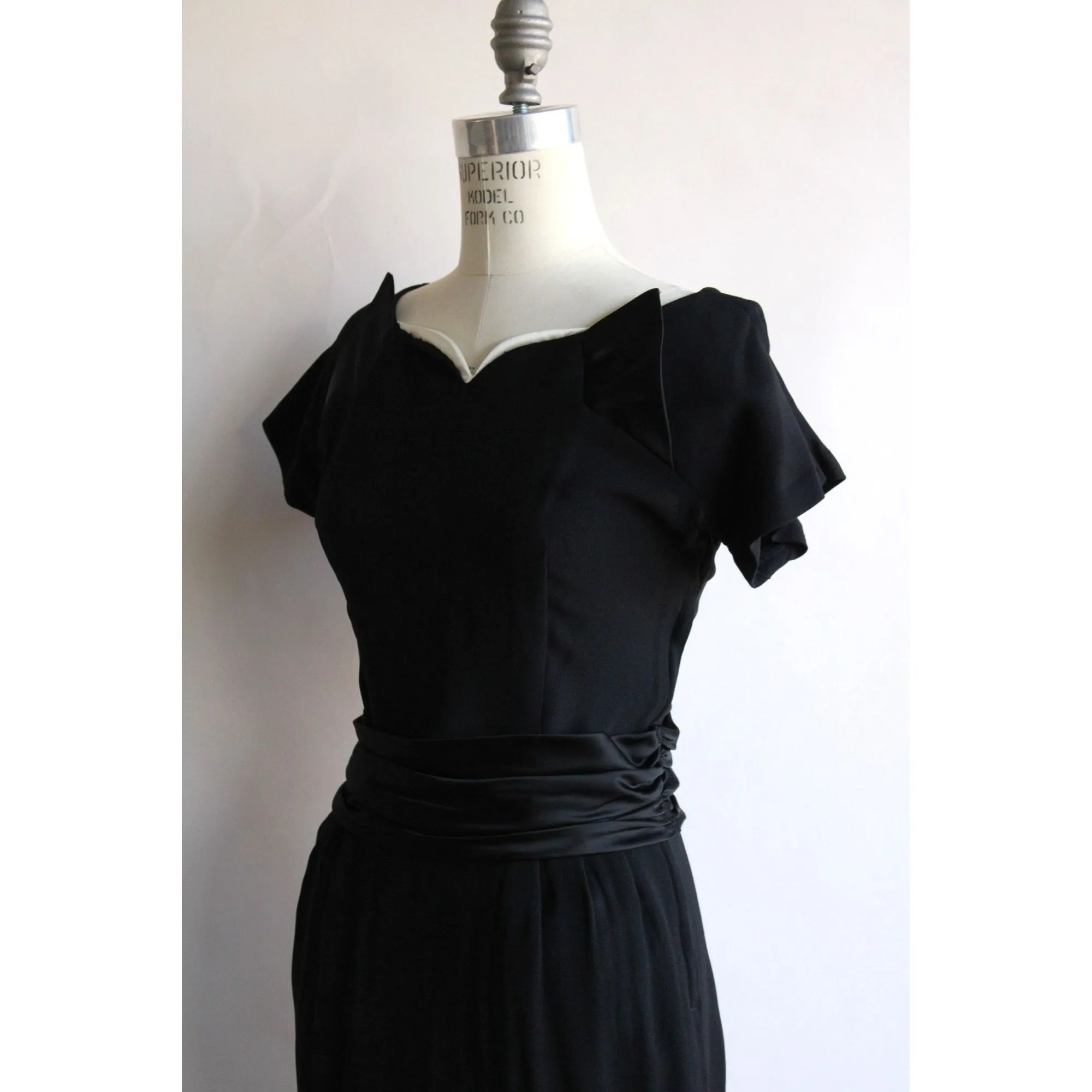 Vintage 1950s  Black Rayon Dress With Cummerbund Belt and Sweetheart Neckline