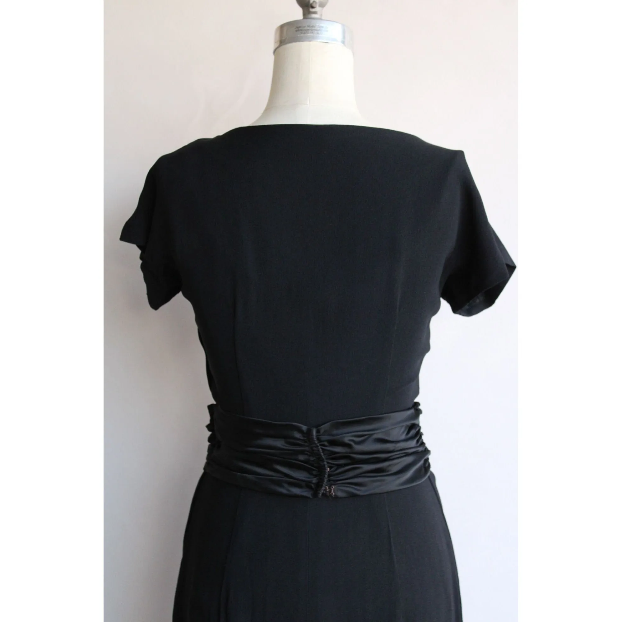 Vintage 1950s  Black Rayon Dress With Cummerbund Belt and Sweetheart Neckline