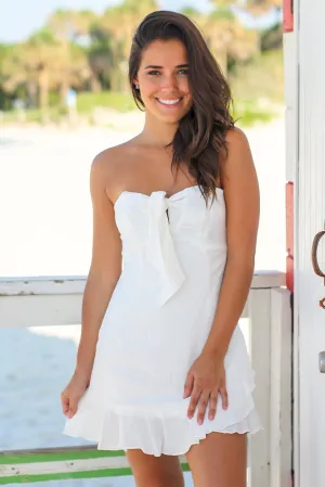 White Strapless Short Dress with Ruffled Bottom