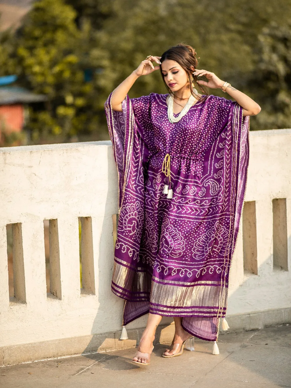 Wine Color Digital Bandhej Print Pure Gaji Silk Kaftan Dress