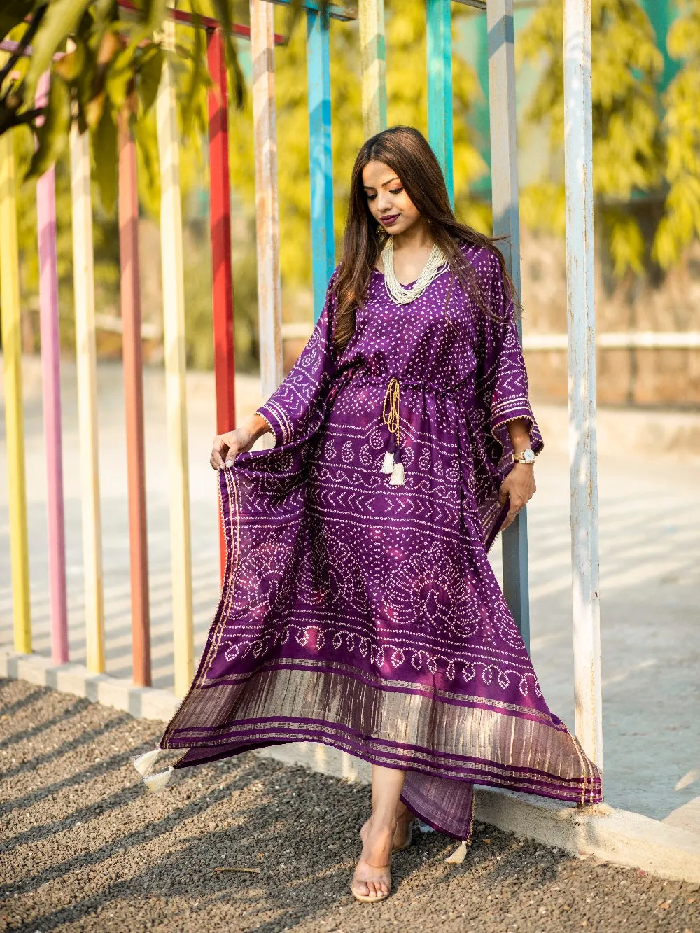 Wine Color Digital Bandhej Print Pure Gaji Silk Kaftan Dress