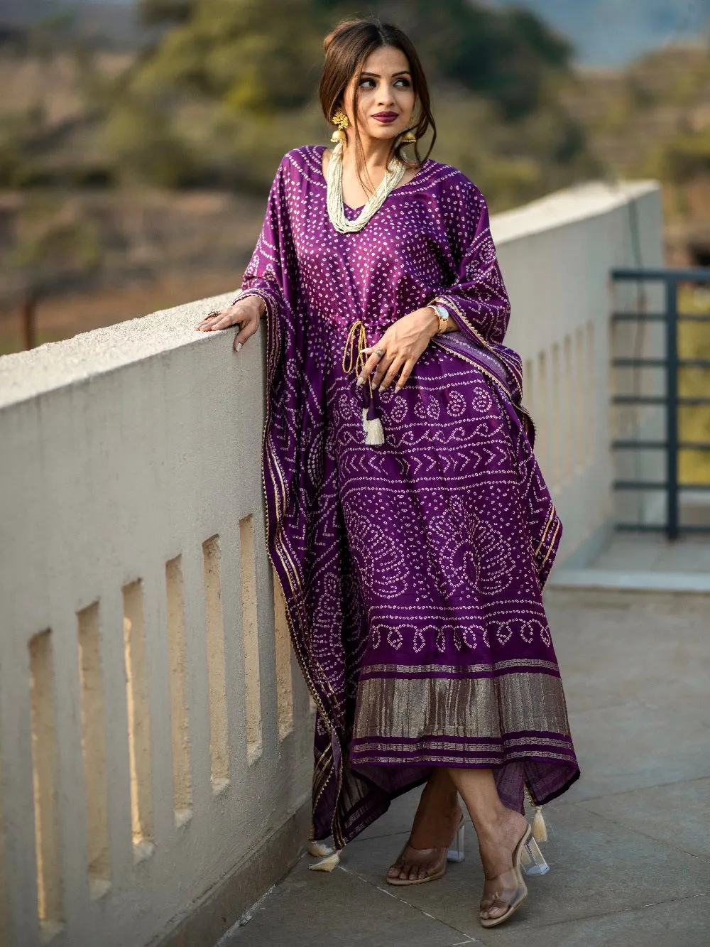 Wine Color Digital Bandhej Print Pure Gaji Silk Kaftan Dress