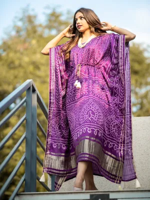 Wine Color Digital Bandhej Print Pure Gaji Silk Kaftan Dress