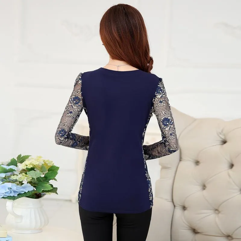 Women Patchwork Lace Long Sleeve Blouse