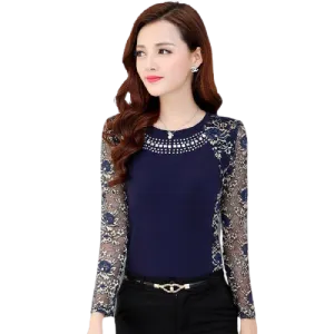 Women Patchwork Lace Long Sleeve Blouse