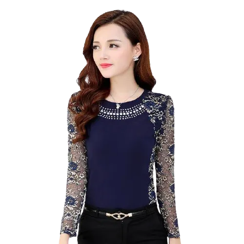 Women Patchwork Lace Long Sleeve Blouse