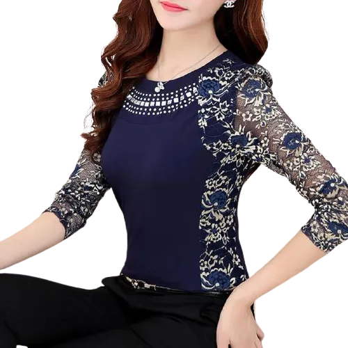 Women Patchwork Lace Long Sleeve Blouse