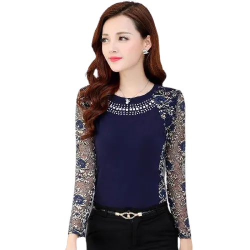 Women Patchwork Lace Long Sleeve Blouse