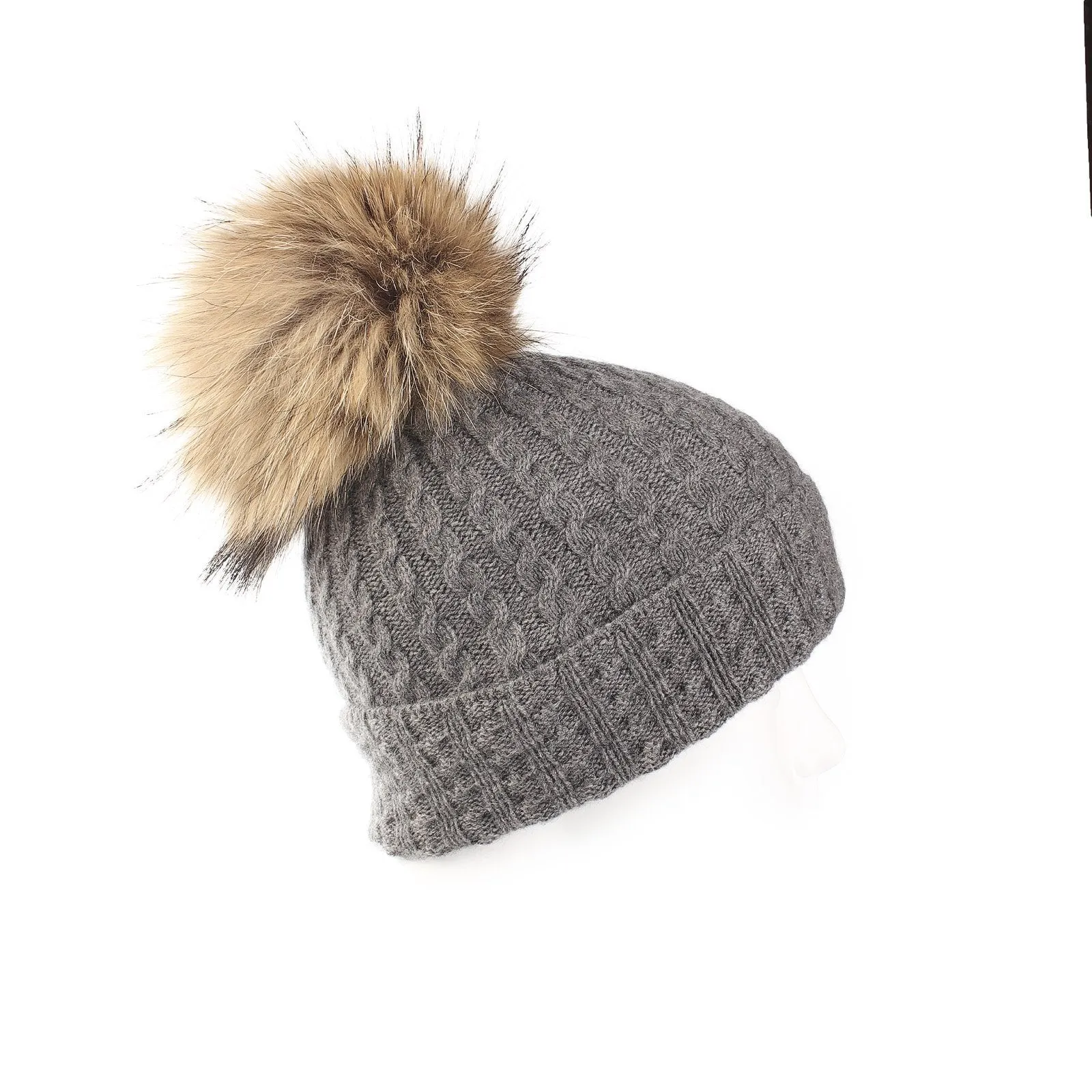 Women's Cable Cashmere Pom Pom Hat  Derby Grey