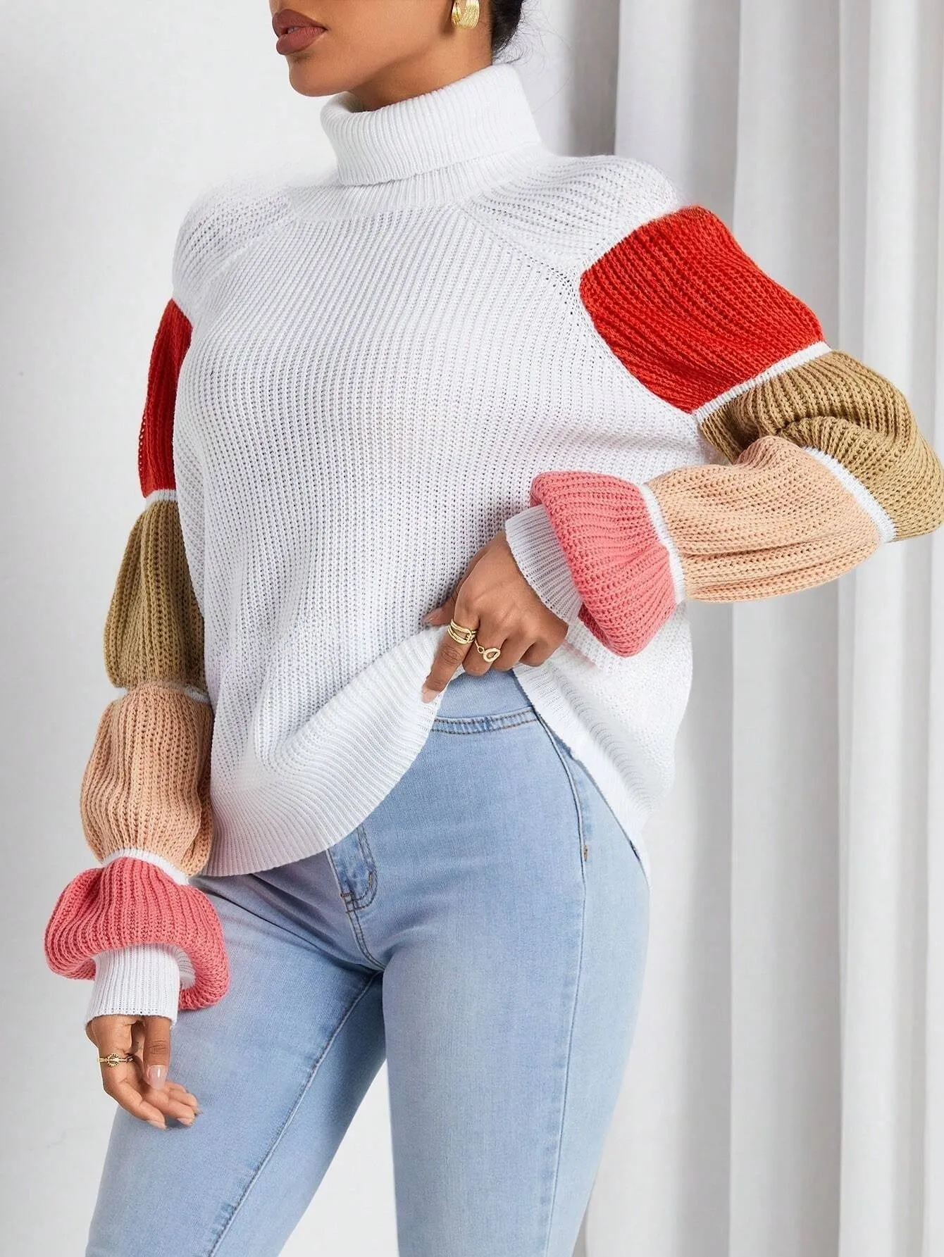 Women's Turtleneck Color-Block Raglan Sleeve Sweater