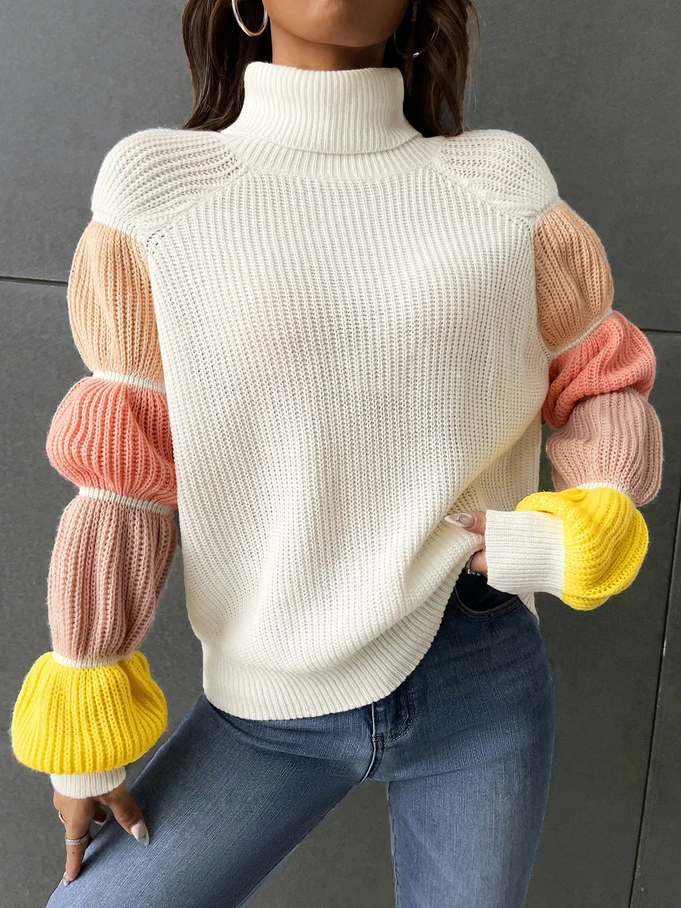 Women's Turtleneck Color-Block Raglan Sleeve Sweater