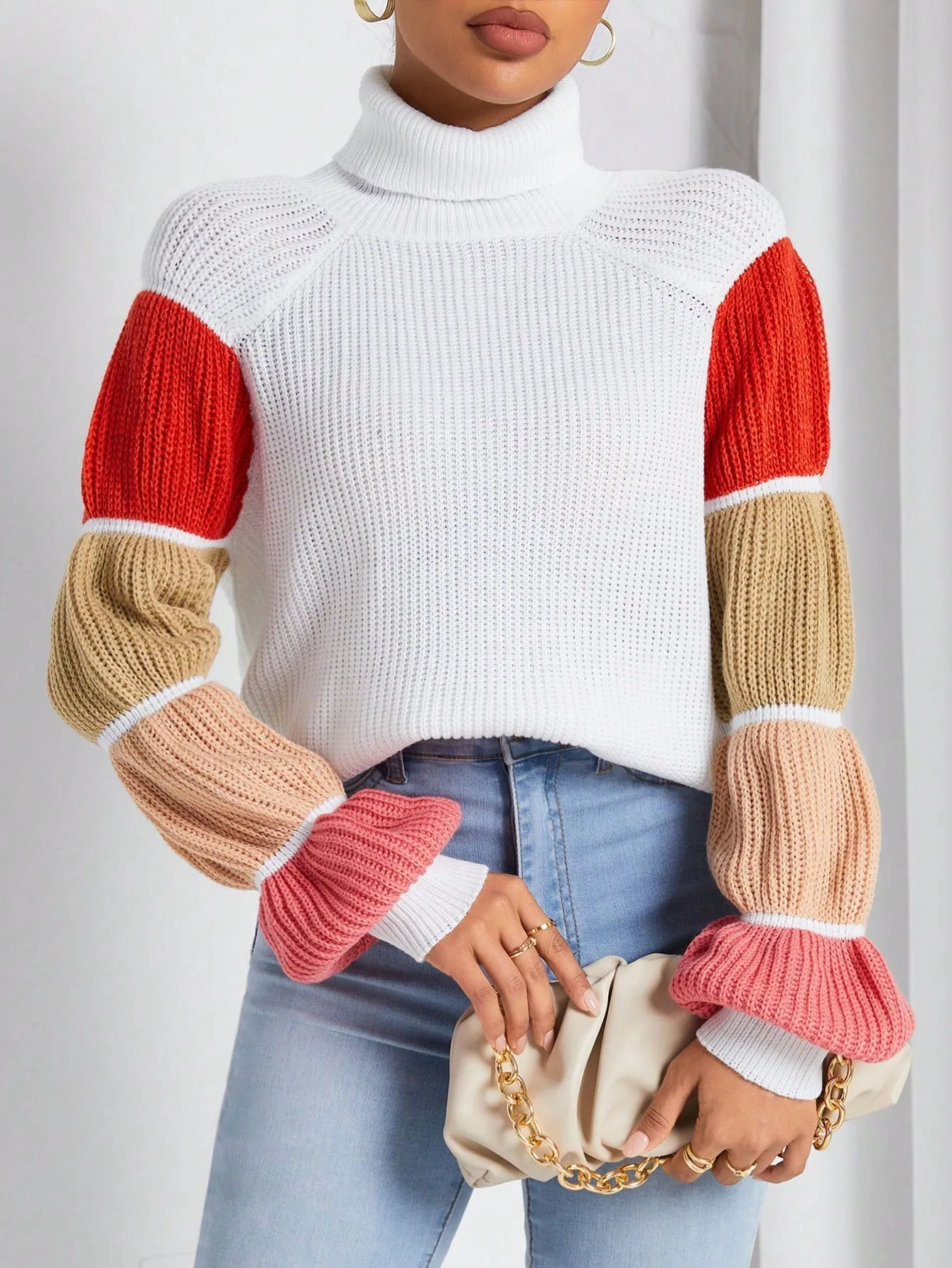 Women's Turtleneck Color-Block Raglan Sleeve Sweater